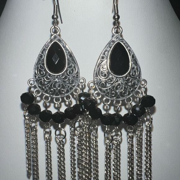 Silver Tone and Black Bead Long Boho Earrings - Picture 3 of 7